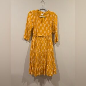Lucky Brand Yellow V-Neck Puff Sleeve Midi Dress